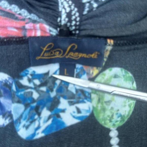 Jewel Printed Silk Waterfall Neckline Long sleeve Top Mob Wife Italian Lux Sz L - Picture 7 of 9